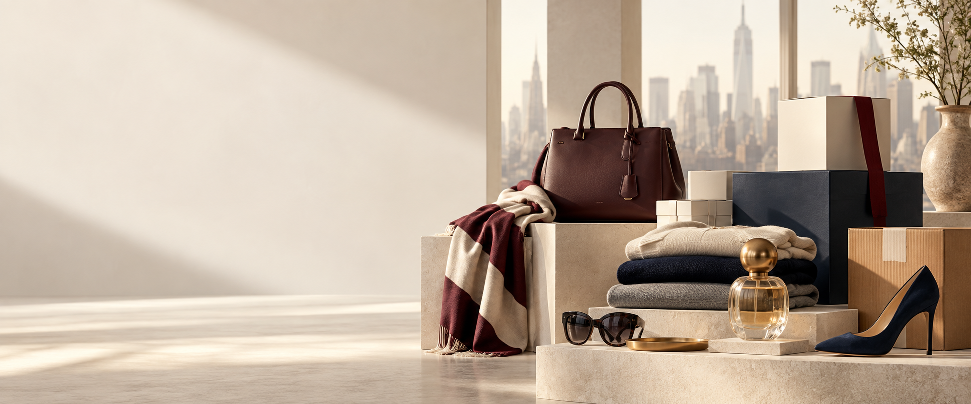 Curated fashion and lifestyle products overlooking New York City